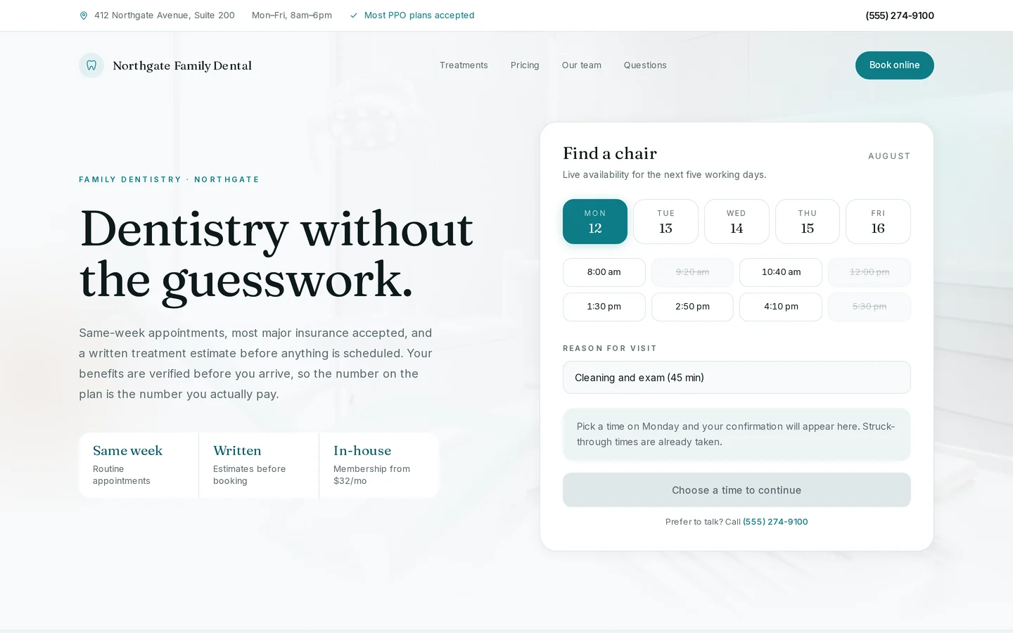Screenshot of the free dental practice website template