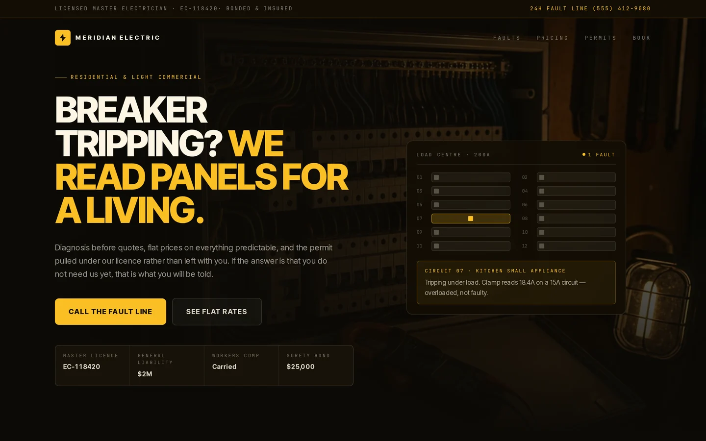 Screenshot of the free electrician website template