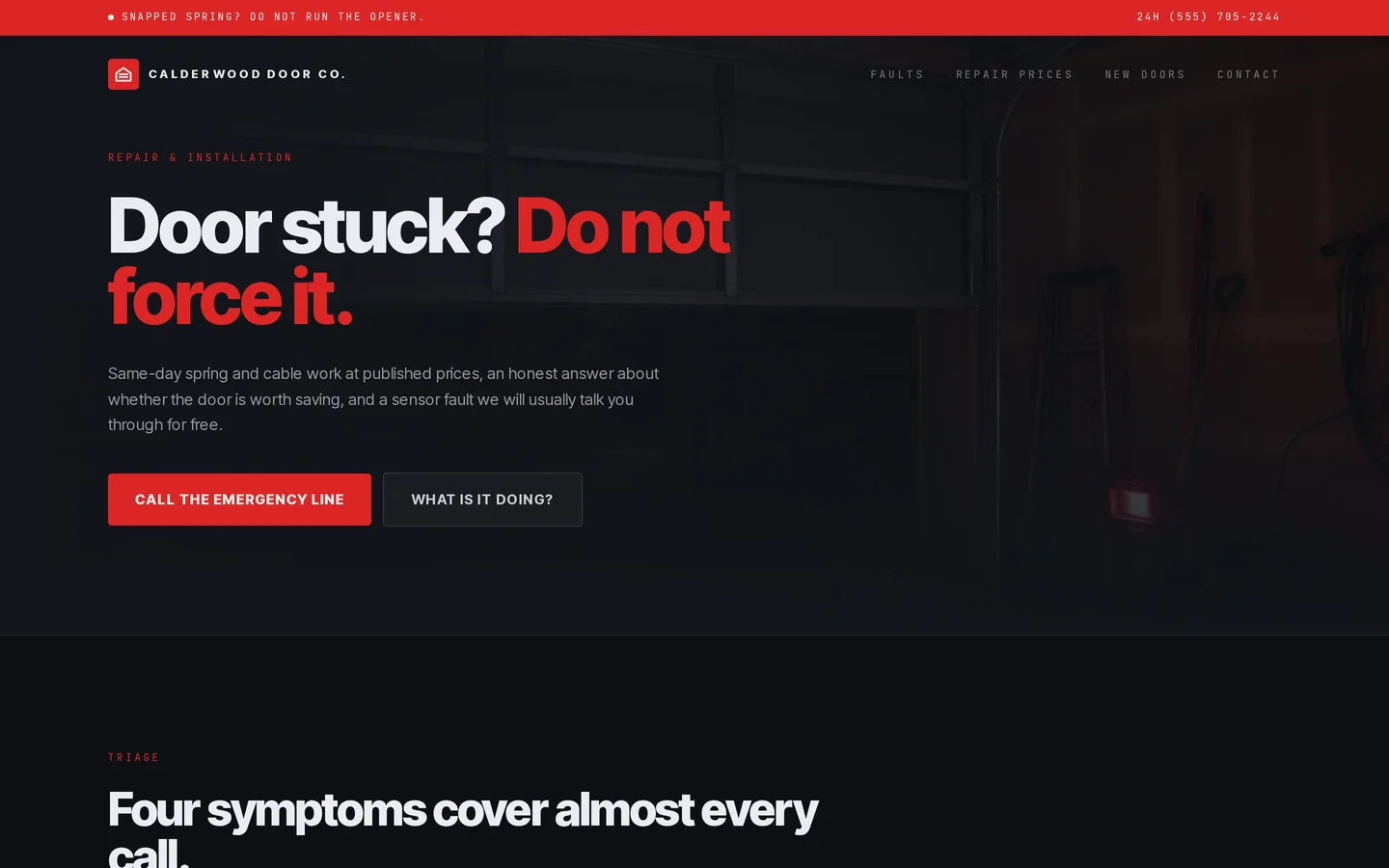 Screenshot of the free garage door website template