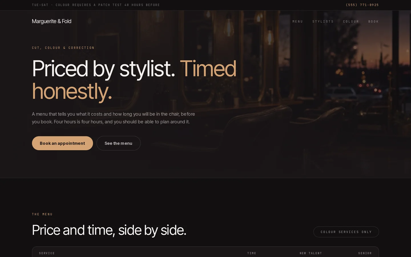 Screenshot of the free hair salon website template