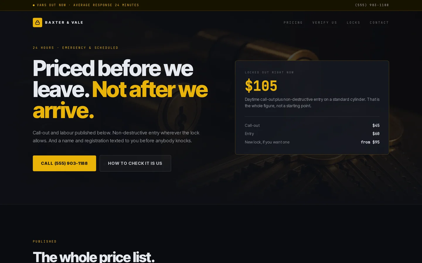 Screenshot of the free locksmith website template