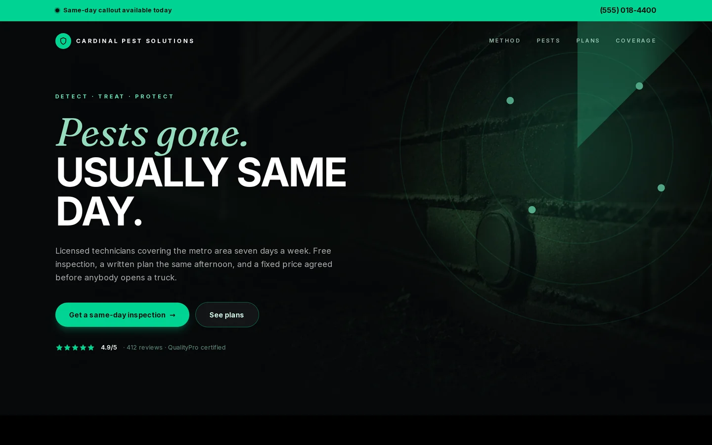 Screenshot of the free pest control website template