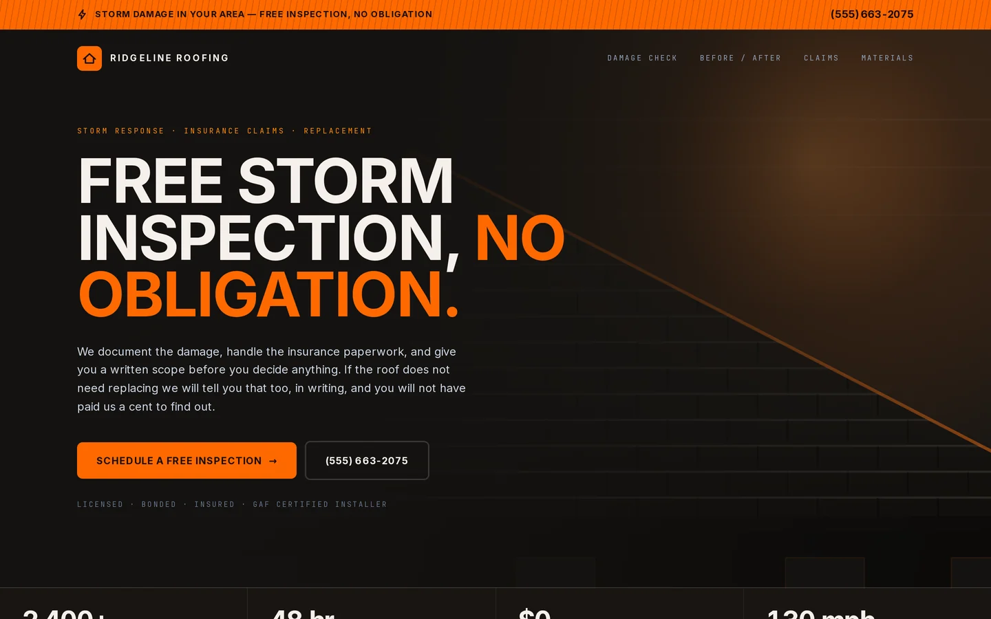 Screenshot of the free roofing website template