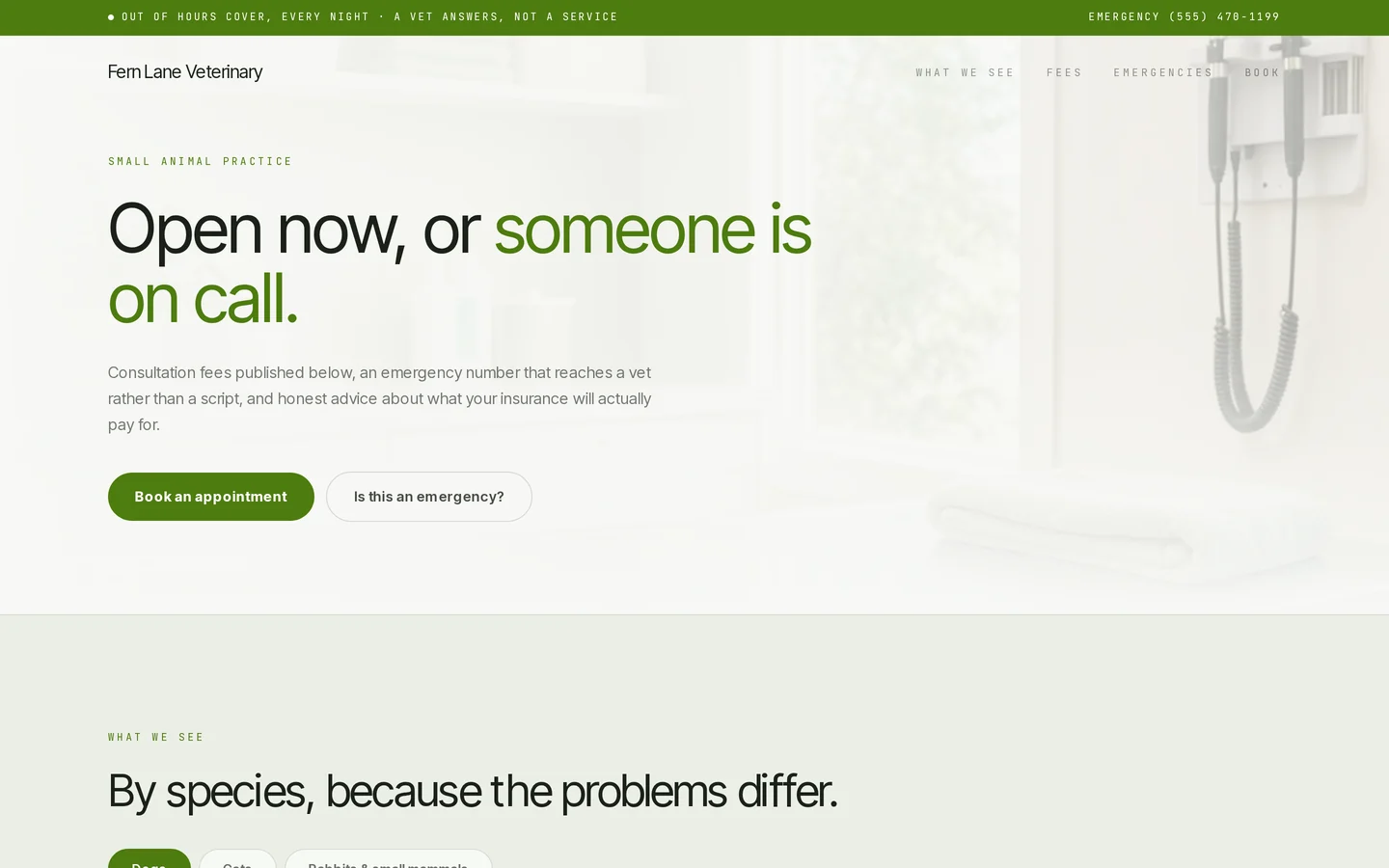 Screenshot of the free veterinary practice website template